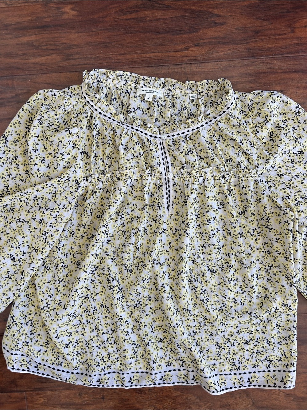 Max Studio Yellow Floral Peasant Blouse with Black and Cream Trim